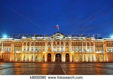 Stock Photography of Palace Square, Hermitage museum in evening.