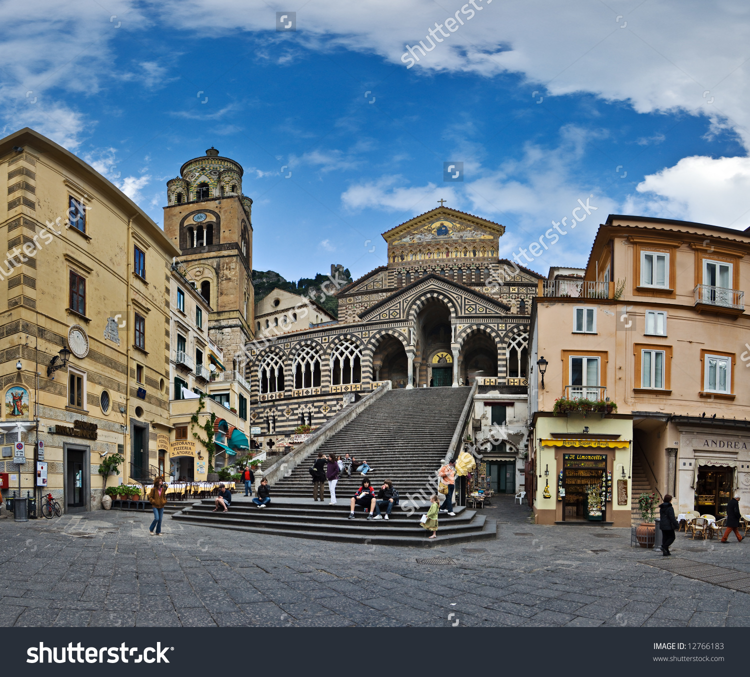 Panoramic View Of St Andrew Cathedral, Amalfi, Italy Stock Photo.