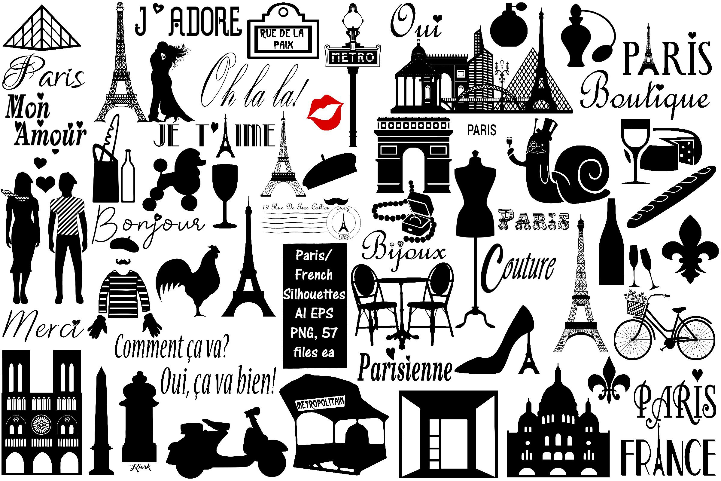 Paris and French Silhouettes AI EPS PNG, French Word Art.