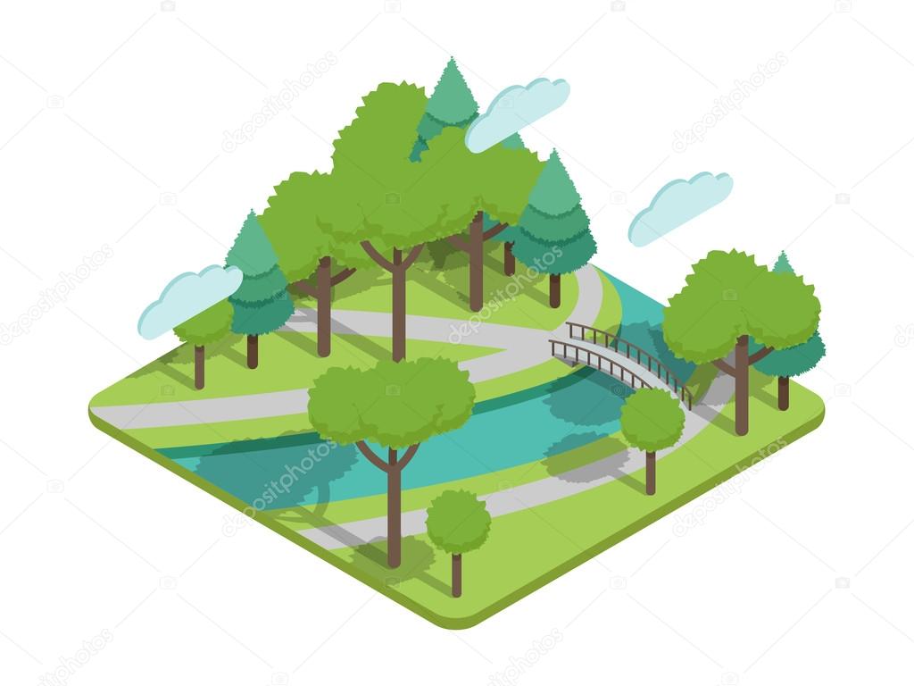 Isometric park bridge vector illustartion with trees, river.
