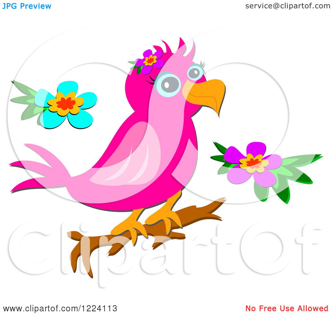 Clipart of a Pink Parrot on a Branch, with Two Flowers.