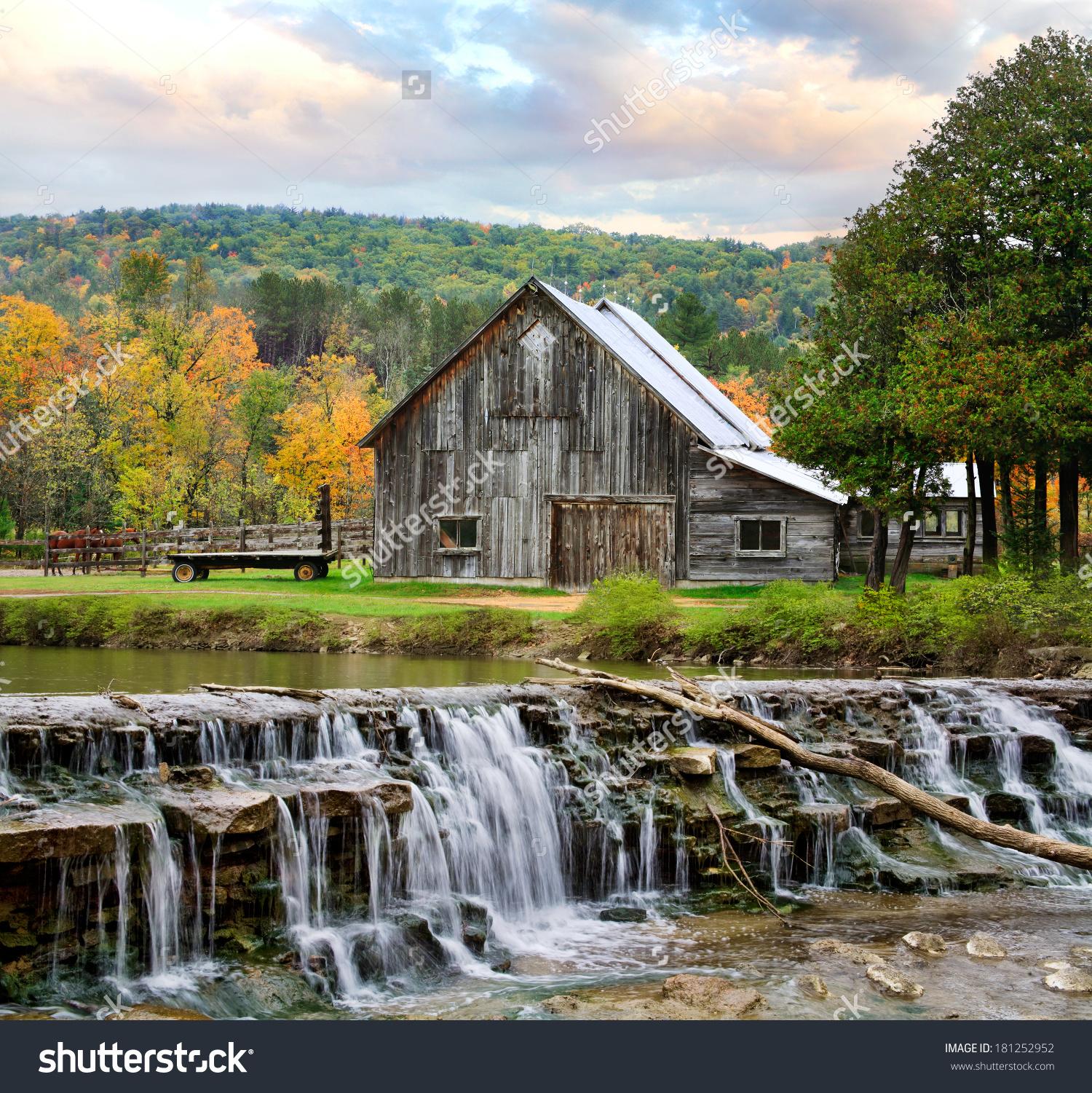 Pastoral Scene Old Barn Waterfall During Stock Photo 181252952.
