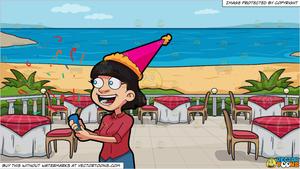 A Woman Popping Confetti and A Restaurant Patio Overlooking The Ocean  Background.