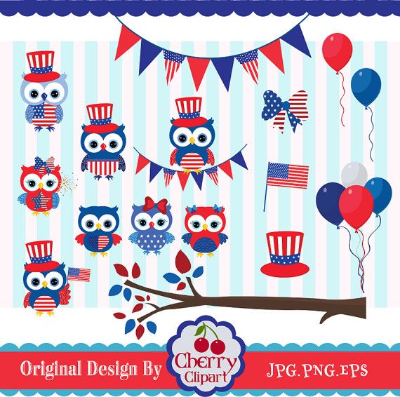 4th of July Cute Owls Digital Clip Art Set 02 Patriotic Owls.