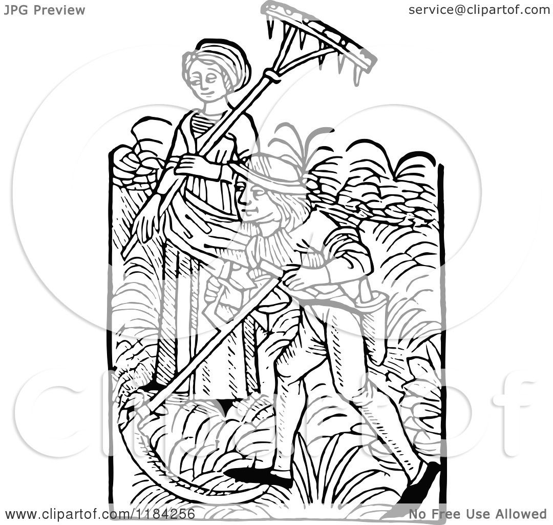 Clipart of Retro Vintage Black and White Peasant Workers with Farm.