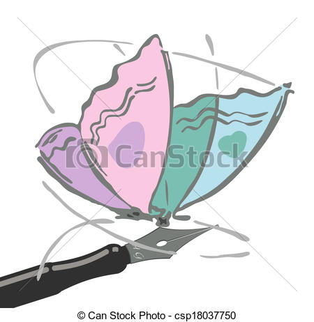 Clipart Vector of Butterfly sits on a ink pen. Stock Vector.