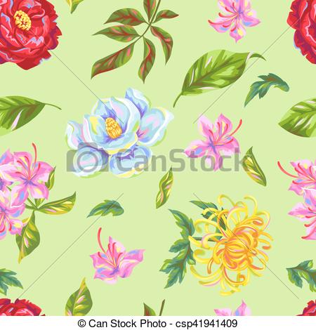 Vector Clipart of Seamless pattern with China flowers. Bright buds.