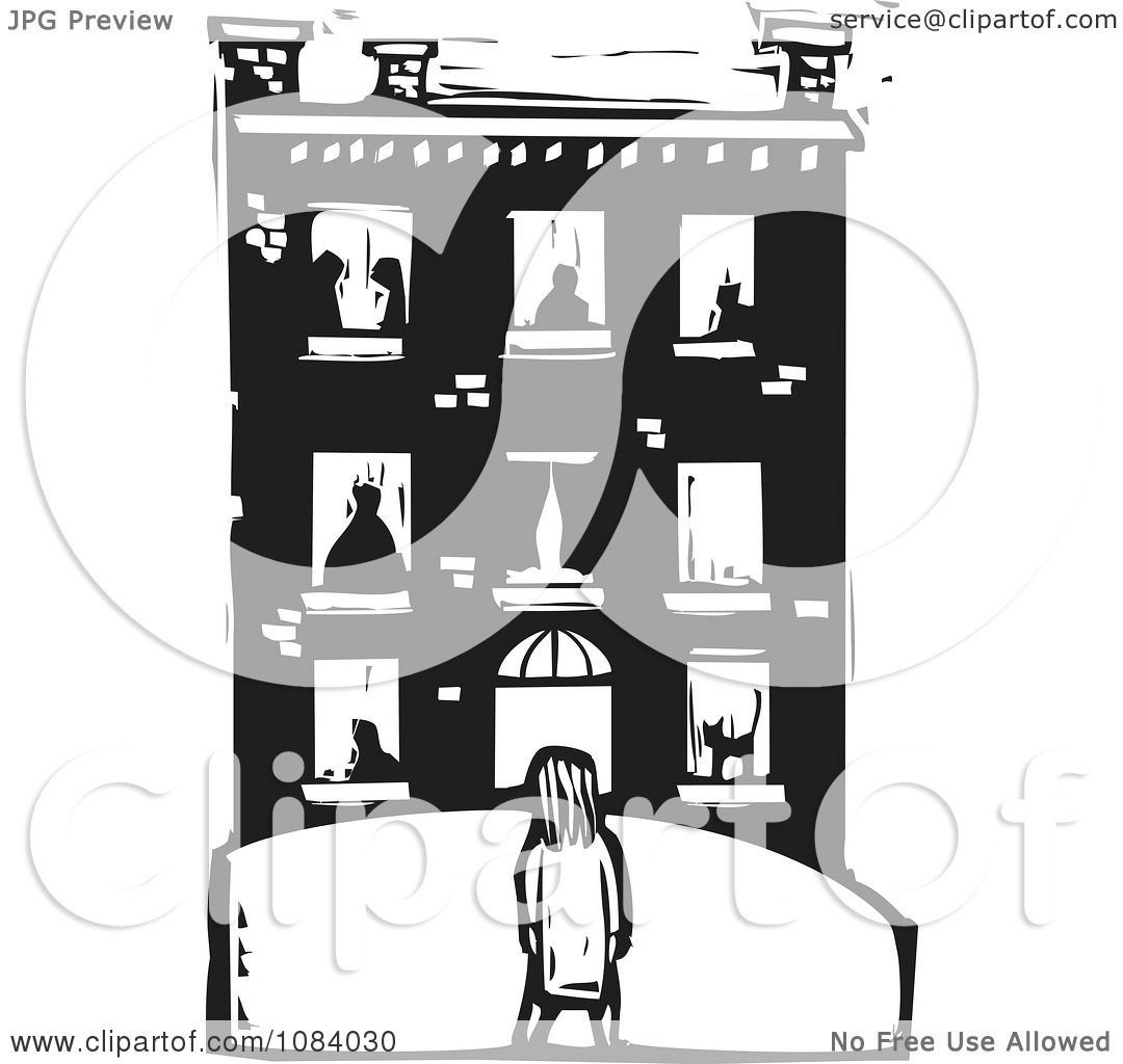 Clipart Girl Facing A Building With People In The Windows Black.