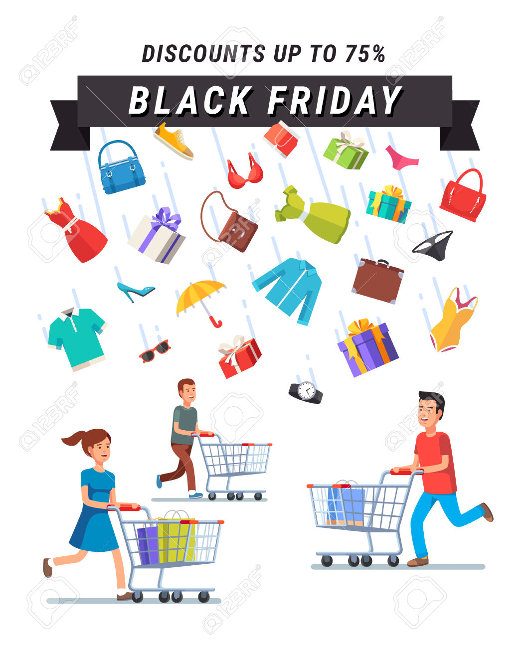 Black Friday Sale Advert Banner. People Running With Shopping.
