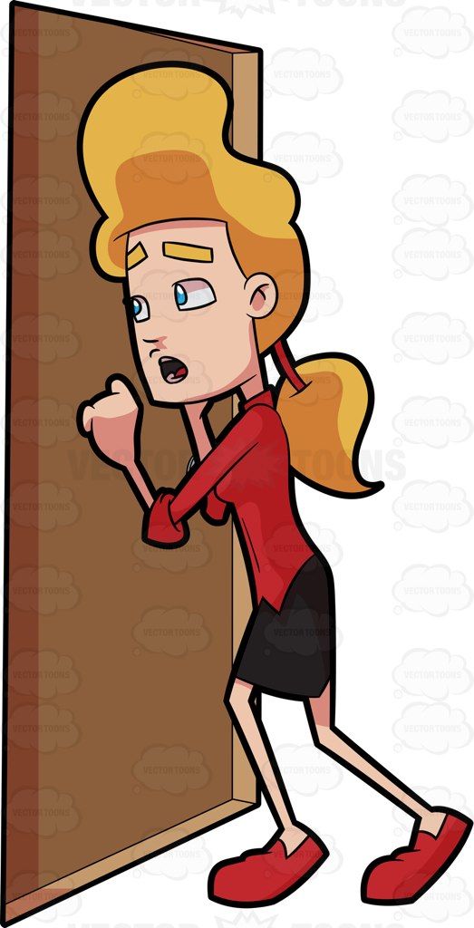 A worried and prying woman knocking on a door #cartoon.