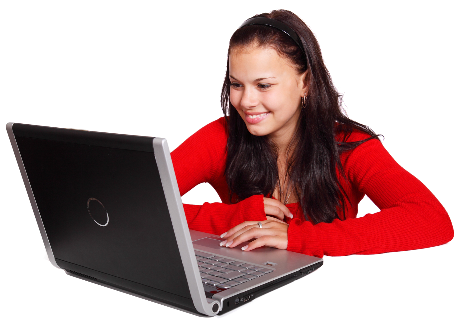 Girl Using Laptop PNG Image.