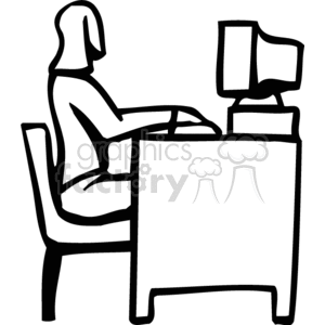 Black and white woman secretary sitting at a desk clipart. Royalty.