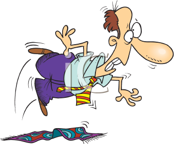 Royalty Free Clipart Image of a Man Tripping on a Rug.