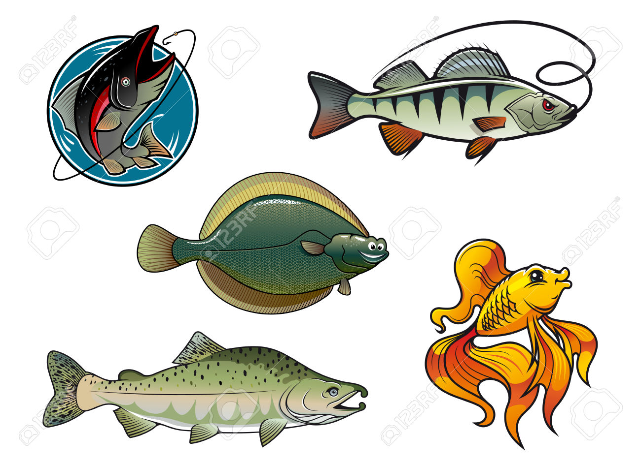 Cinque Dei Cartoni Animati Colorati Personaggi Di Pesce. Salmone.