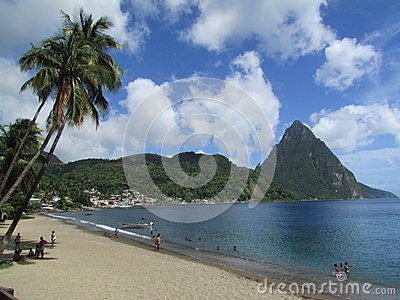 Soufriere St. Lucia Piton Peaks Fishing Boat Royalty Free Stock.
