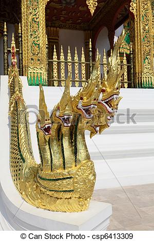 Stock Photographs of Naga Statues at Wat Pho Pha Bang, Luang.