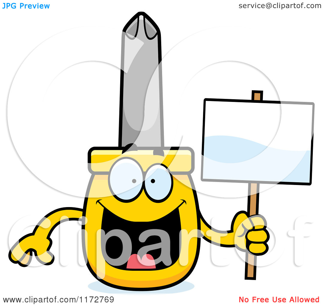 Cartoon of a Happy Philips Screwdriver Mascot Holding a Sign.
