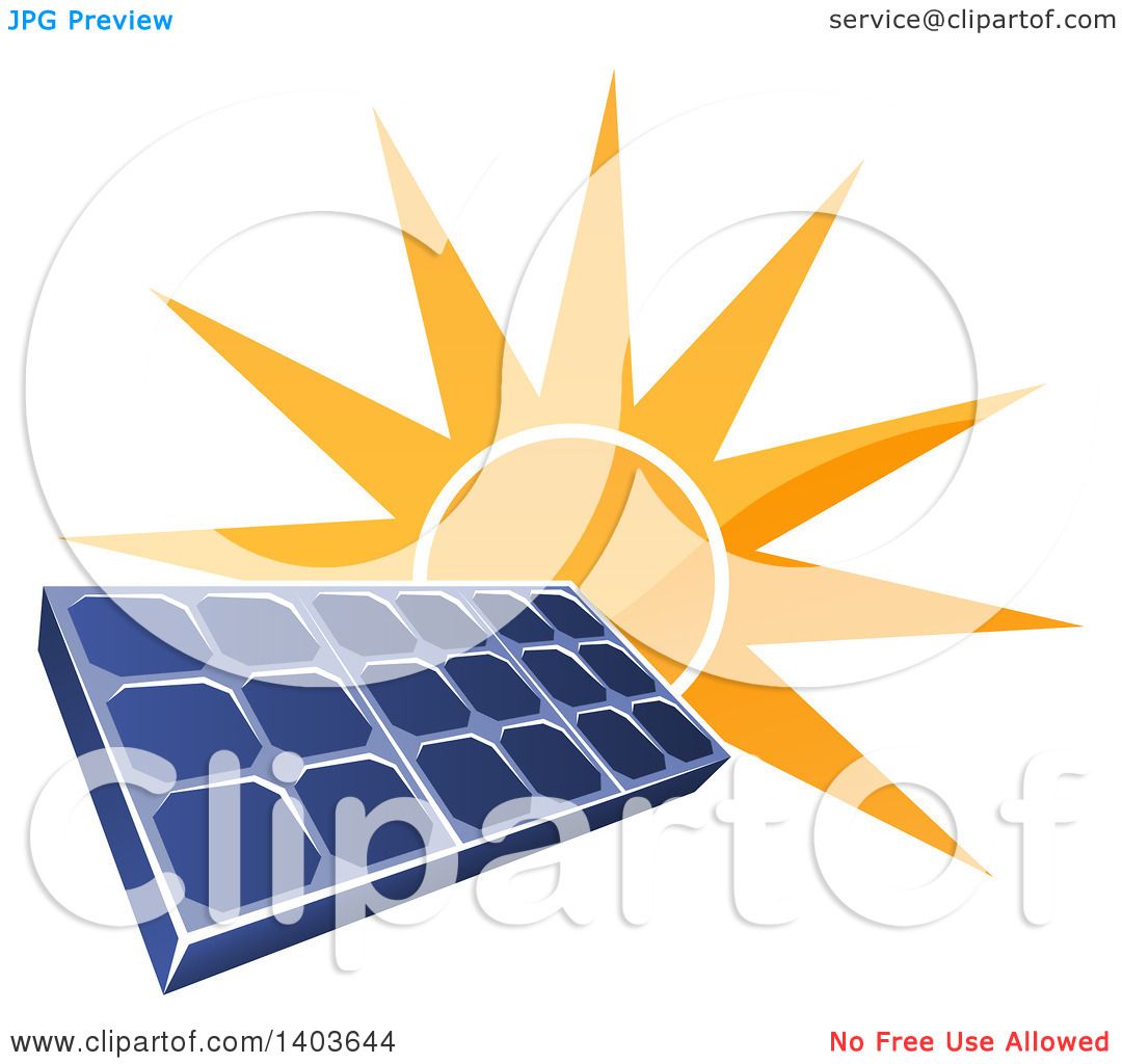 Clipart of a Shiny Orange Sun Shining Behind a Blue Solar Panel.