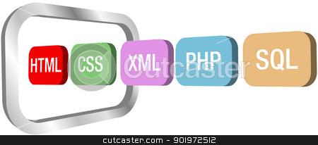 Web dev html css php into computer frame stock vector.
