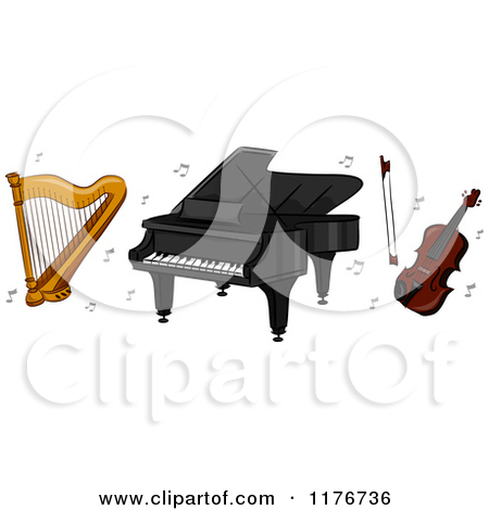 Cartoon of a Harp Piano and Violin with Music Notes.