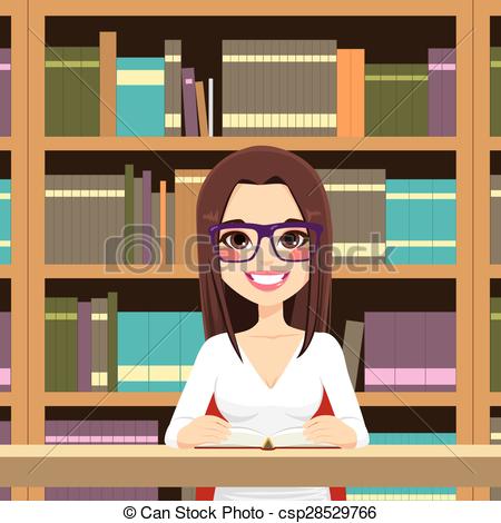 Clip Art Vector of Student Girl In Library.