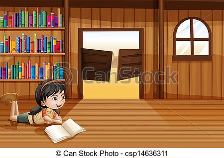 Vector Clip Art of A girl reading a book in the library with a.