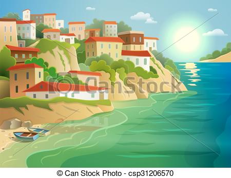 Vectors Illustration of Coastal sea village living colorful poster.