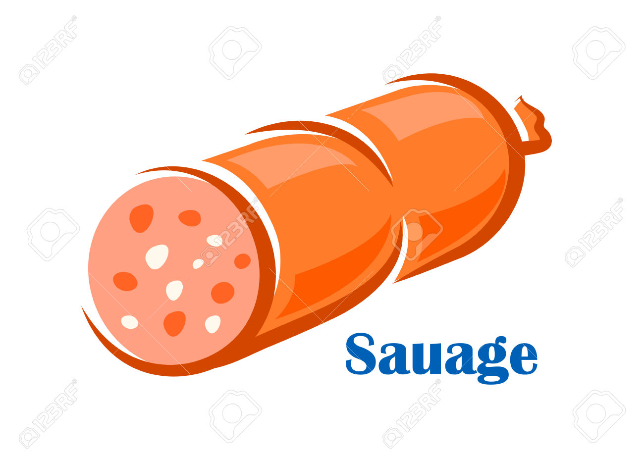 Cartoon Fresh Pork Sausage Or Wurst With Pieces Of Meat And Fat.