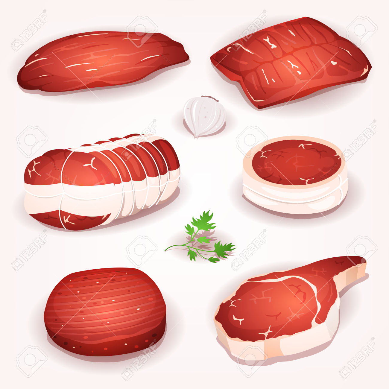 Illustration Of A Set Of Cartoon Pieces Of Raw Beef Meat, With.