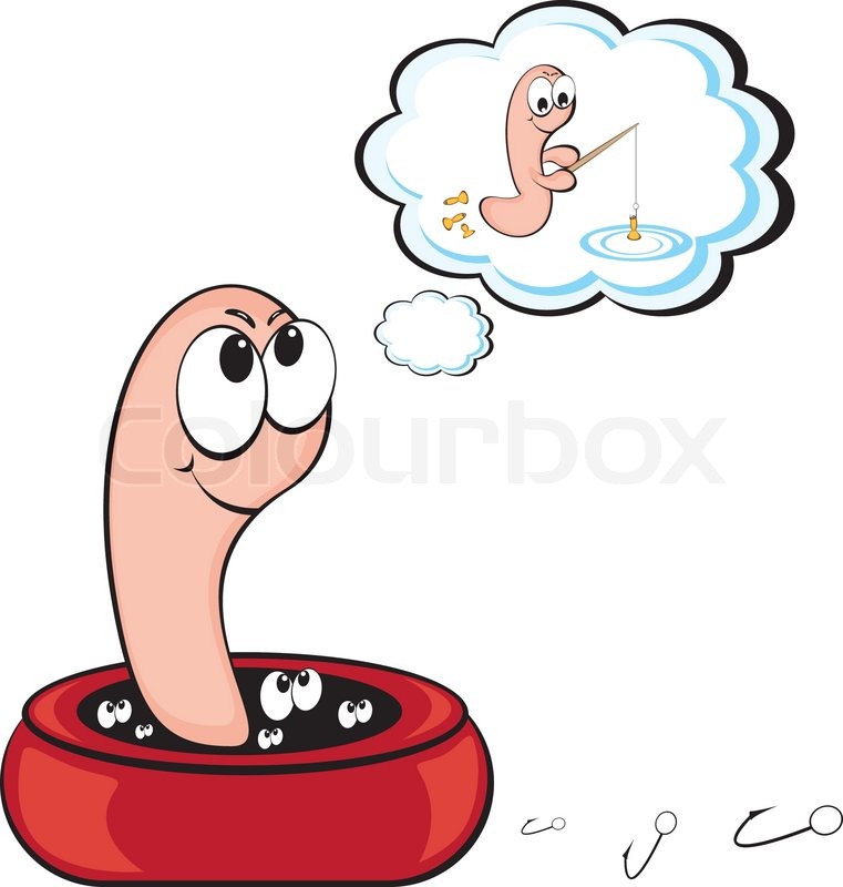 Cute worm dreaming of how he catches fish Illustration on white.