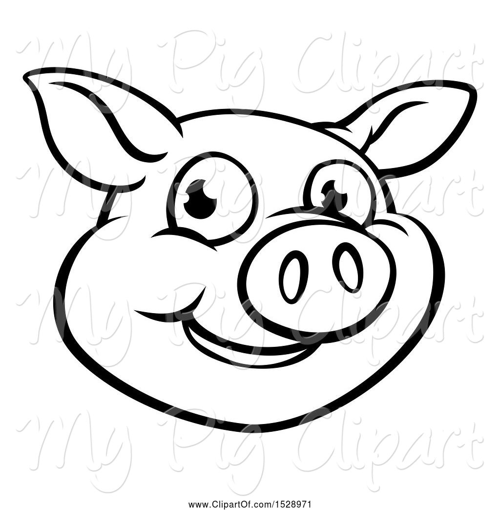 Swine Clipart of Cartoon Black and White Happy Pig Face by.