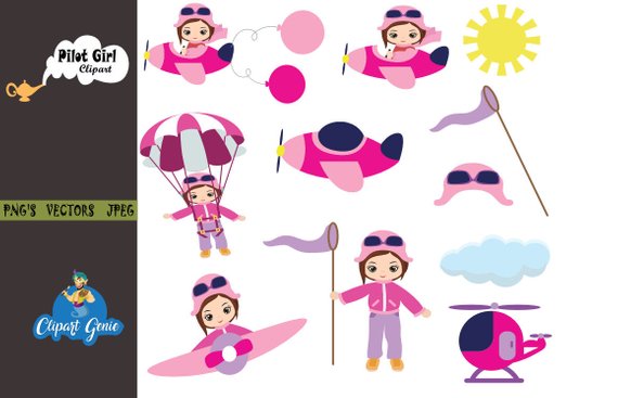 Pilot clipart, little pilots, pilot girl characters, plane.