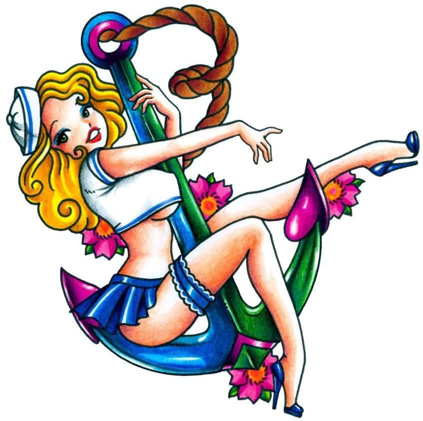 New Pin Up Sailor Girl On Colorful Anchor Tattoo Design.