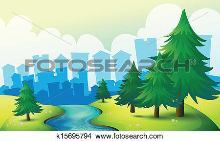 Clipart of A flowing river at the hill with pine trees k15695794.