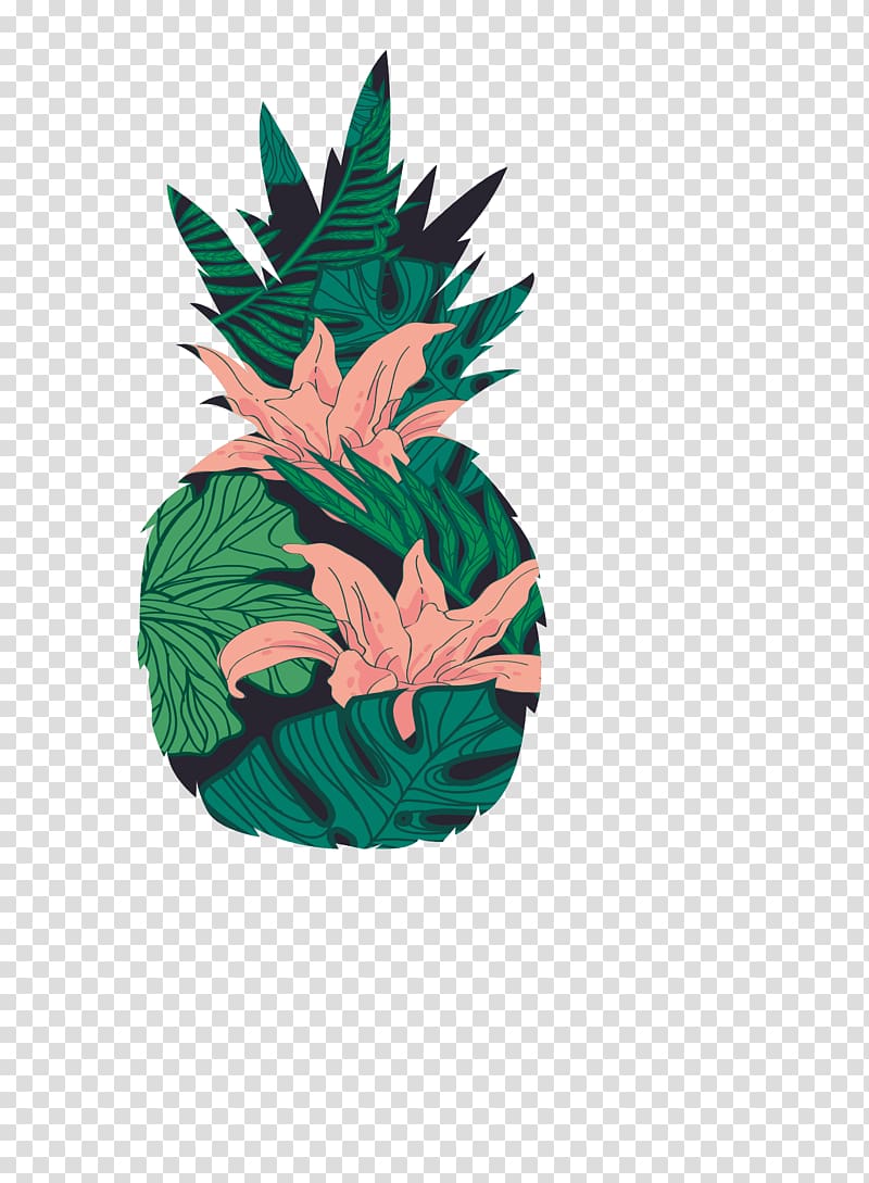 Green and pink floral pineapple artwork, Icon, Tropical.
