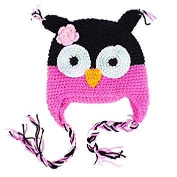 Treena Bean Owl Hat, Baby Girl Hot Pink, Black, Soft Pink & White Owl Hat,  Winter Crochet Hat, Fits 6.
