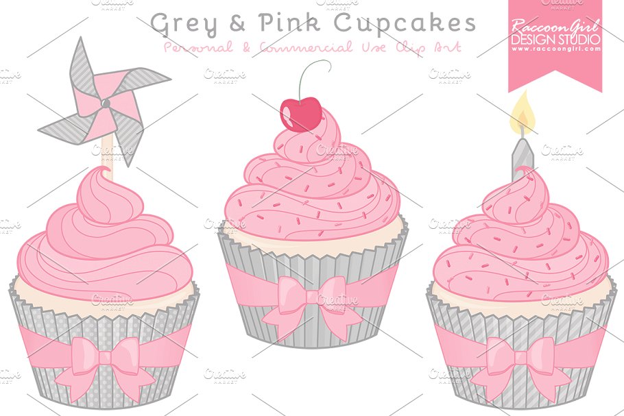Grey & Pink Cupcake Clipart.