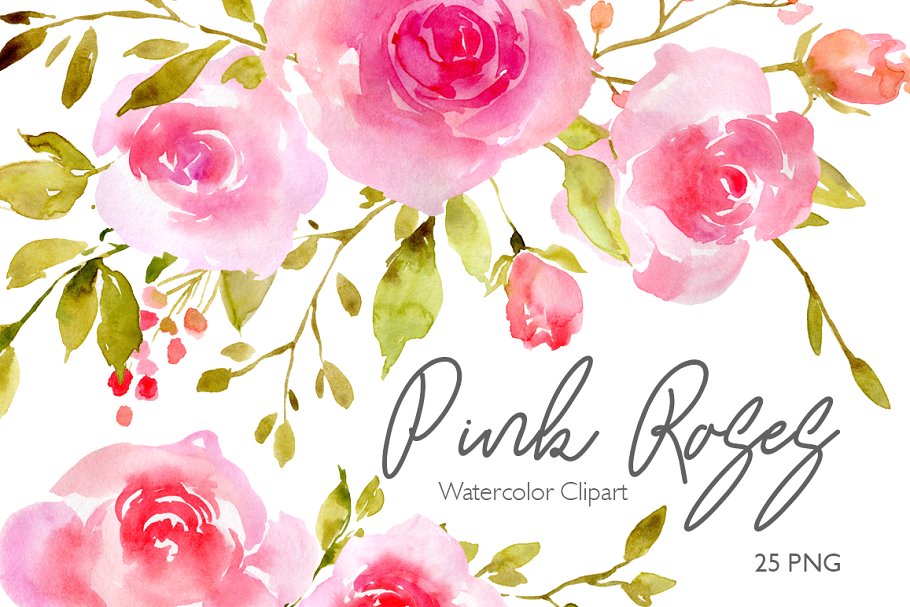 Pink Watercolor Flowers Roses PNG.