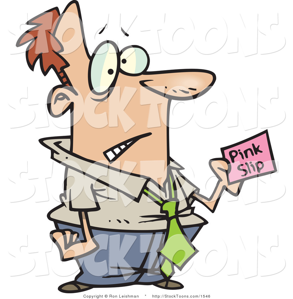 Stock Cartoon of a Business Man Holding a Pink Slip by.