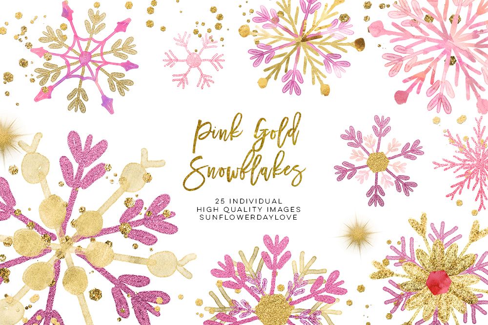 pink gold snowflakes clipart, winter snowflakes clip art.