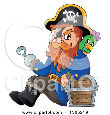 Clipart of a Cartoon Pirate Captain with a Parrot, Leaning Against.