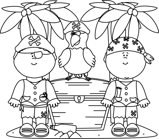 Black and White Pirates with a Parrot and Treasure Clip Art.