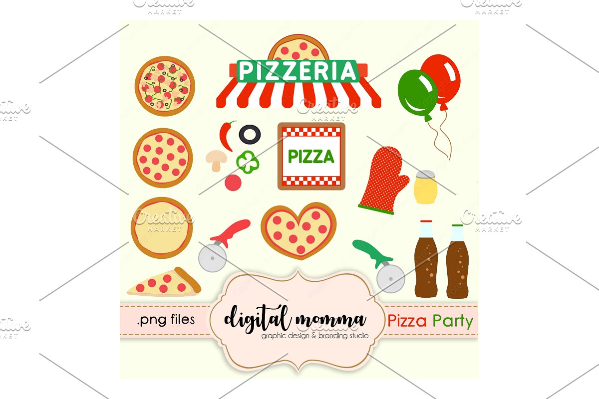 Pizza Party Clipart Set.