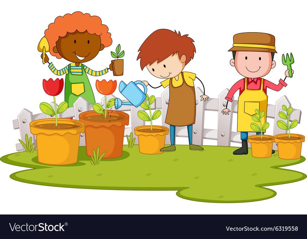 Gardeners planting tree and flower in garden Vector Image.