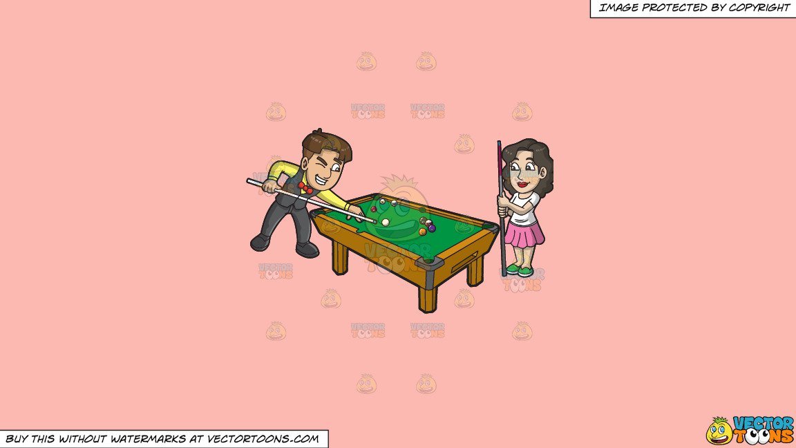 Clipart: A Man And Woman Playing Pool on a Solid Melon Fcb9B2 Background.