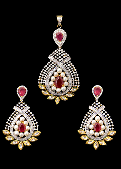 Vilandi pendant set with american diamonds and ruby stones.