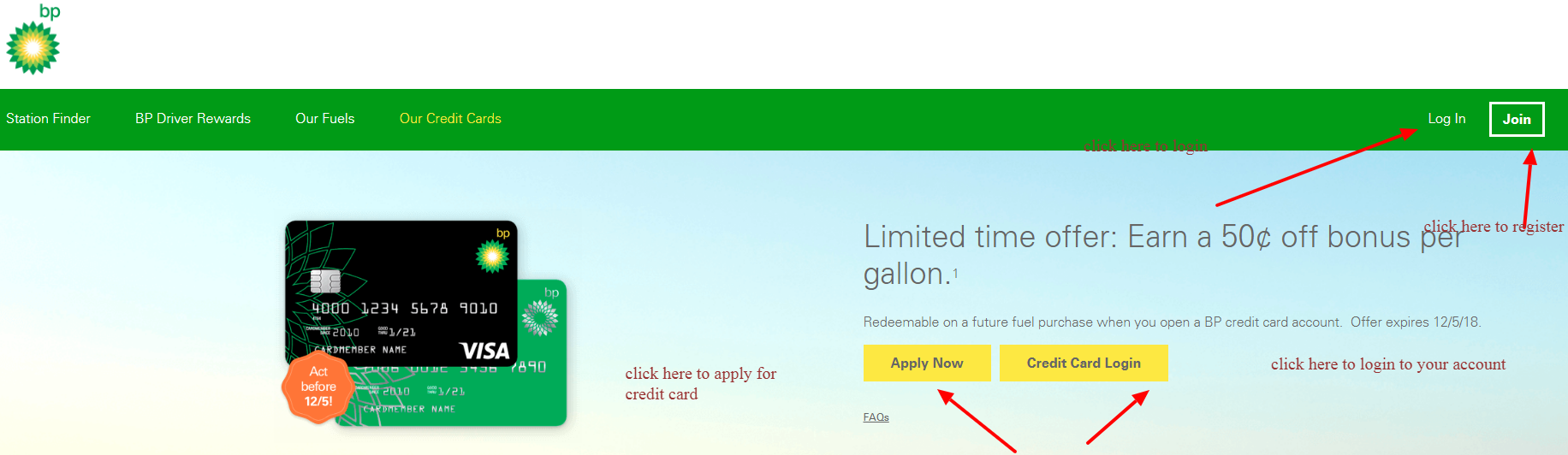 Log in: BP Visa Gas Card.