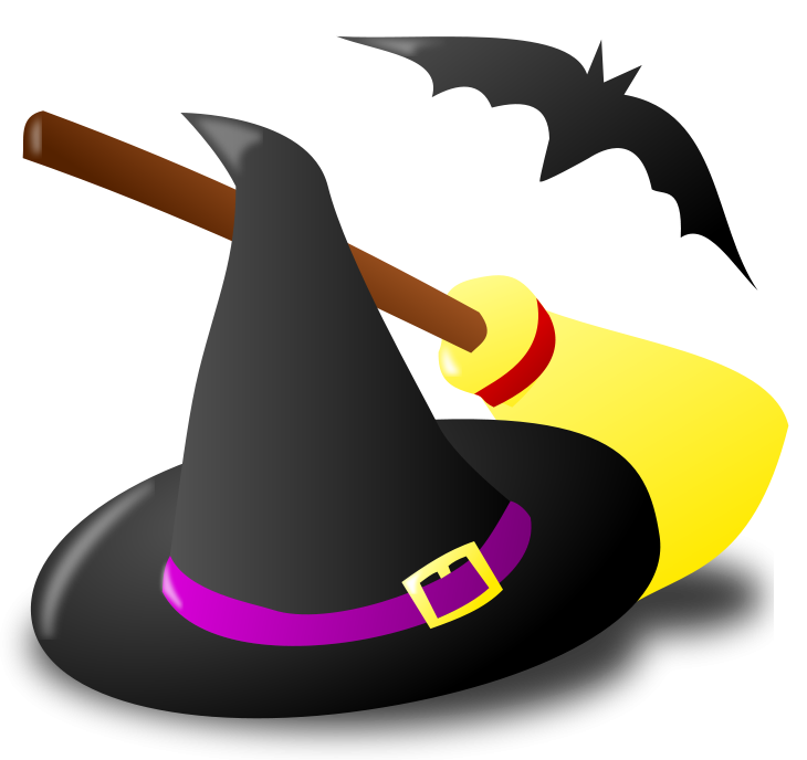 Halloween Witch Hat Broom and Bat PNG Clipart.