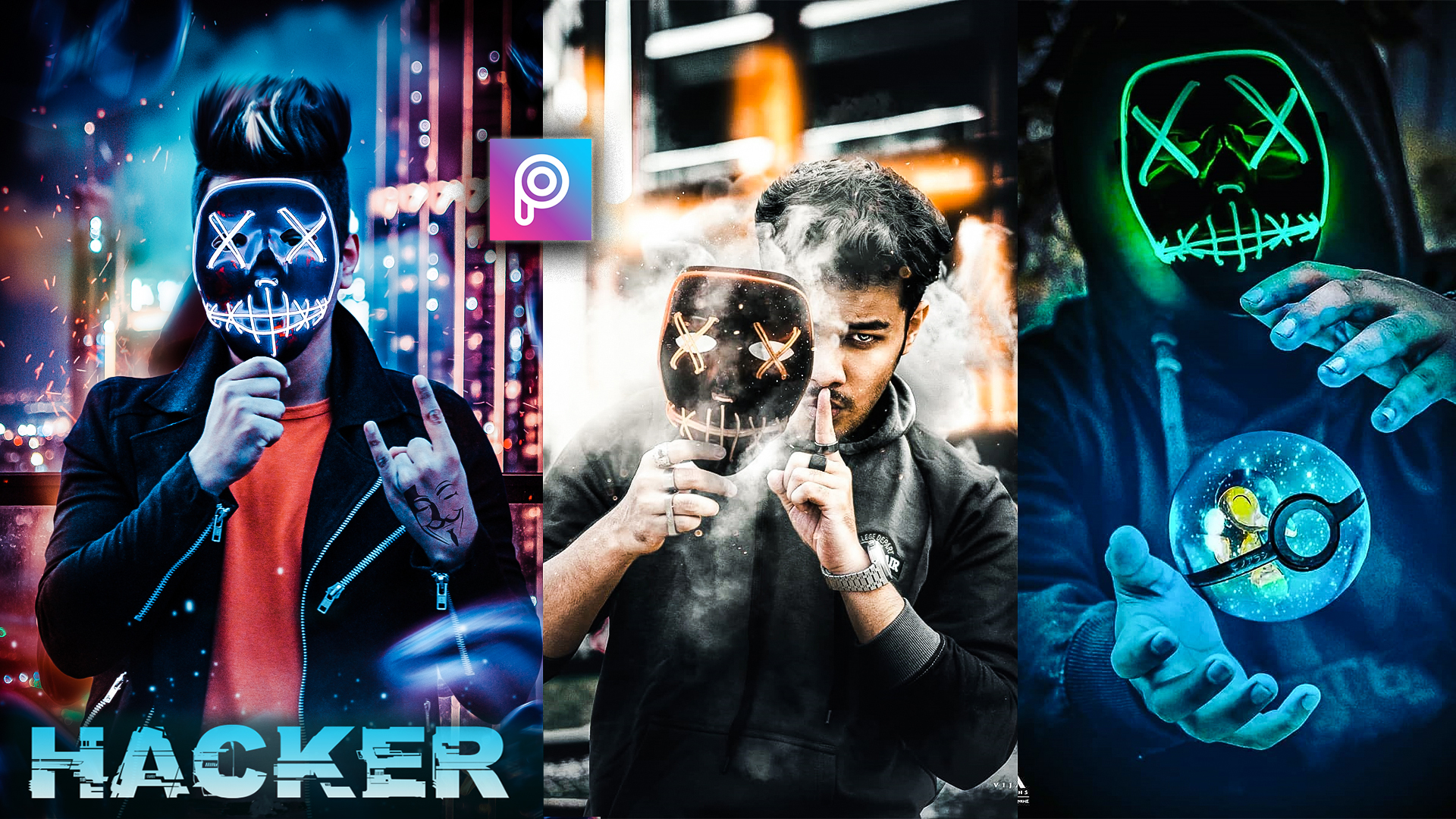 3D Hacker Neon Mask Editing Png, Background Stock Download.