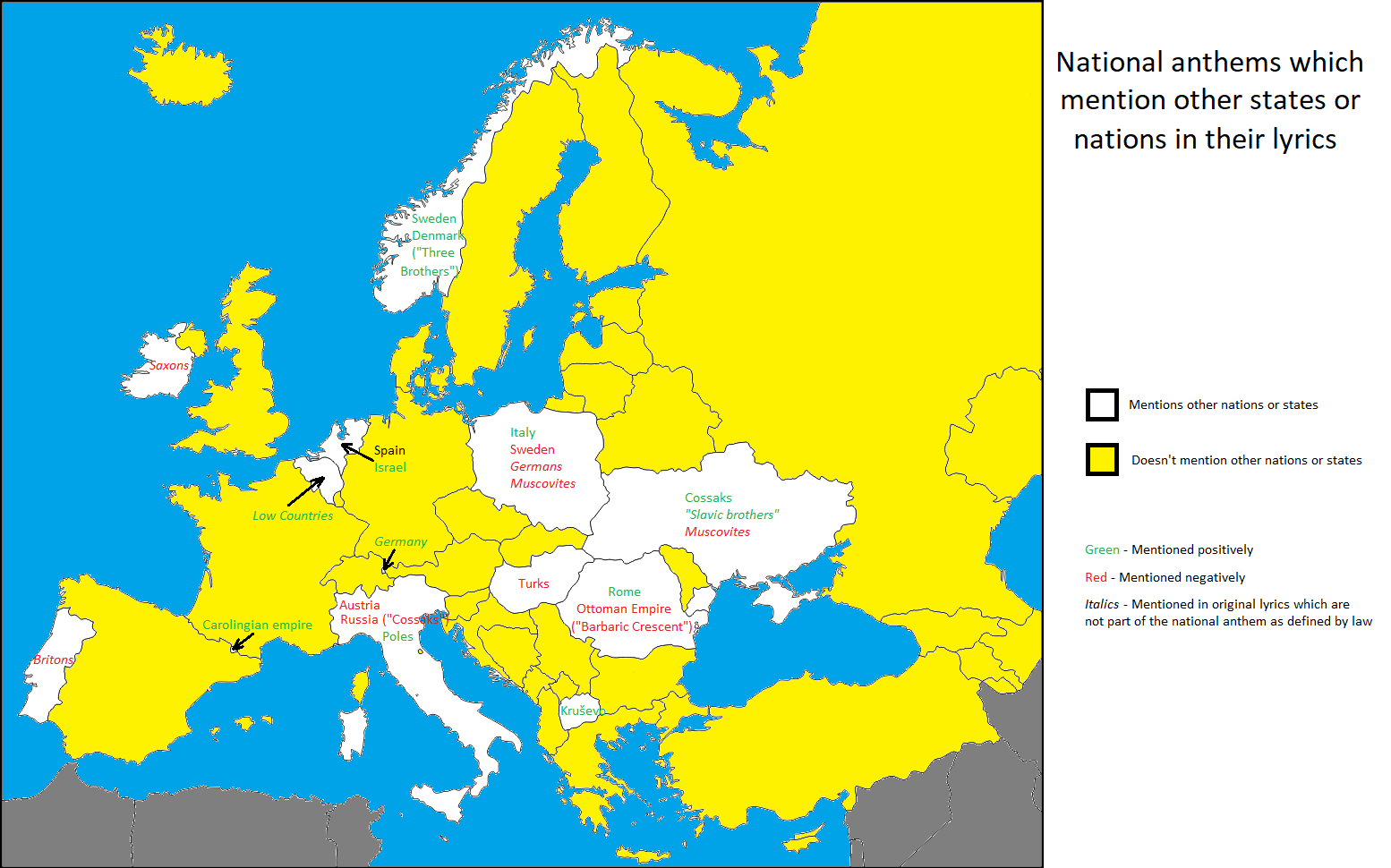 National anthems in Europe which mention other states or.
